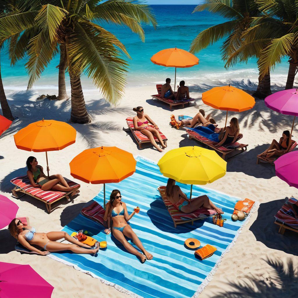 A sun-kissed beach scene featuring a diverse group of fashionable individuals in stylish swimwear, lounging on colorful beach towels, relaxing under vibrant umbrellas, and sipping tropical drinks. Include elements of adult entertainment like beachside cabanas and fun pool parties, set against a sparkling ocean backdrop. Capture a lively and inviting atmosphere, highlighting the bliss of summer leisure. super-realistic. vibrant colors. summer vibes.